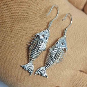 silver fish skeleton earrings