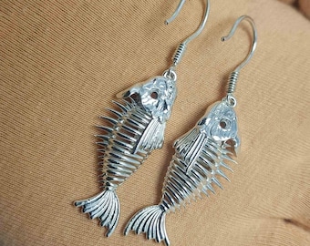 silver fish skeleton earrings