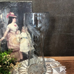 Tall Etched Cut Glass Vase Floral Design