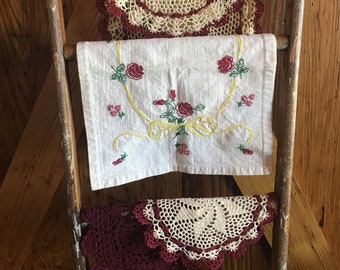 Vintage Imperfect Farmhouse Linens/Set of Four/Table Runners/Doilies/Burgundy/Ivory