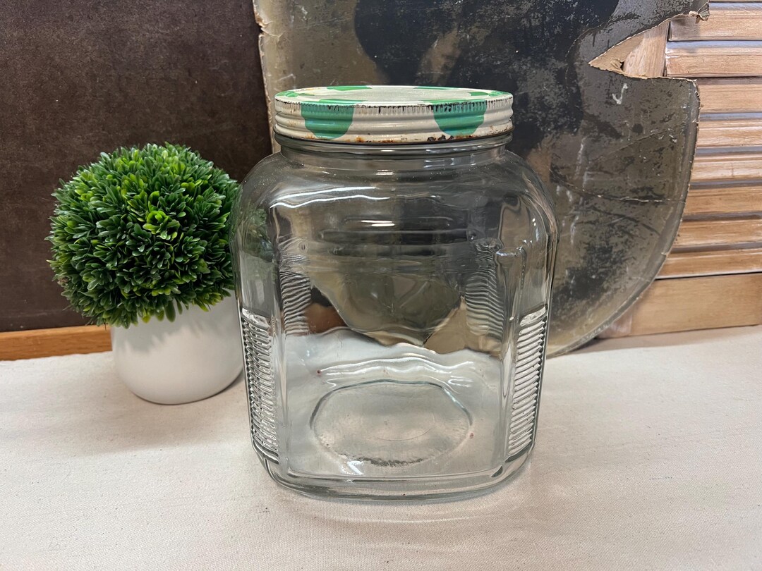 Square Ribbed Glass Square Ribbed Glass Kitchen Canister With Jadite Color Lid - Etsy