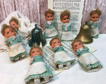 Vintage Set of Girl Ornaments Elf Ornaments Set of Eight Christmas