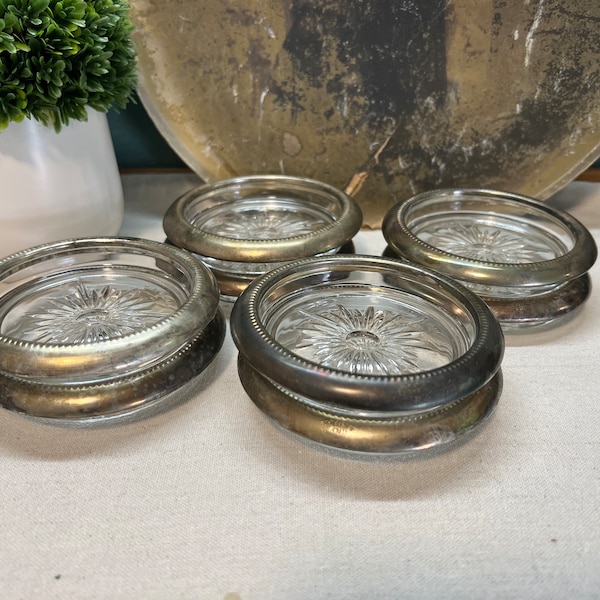 Leonard Silverplate & Glass Coasters Made in Italy Set of Eight