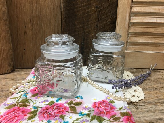 Small Square Glass Canisters Set Of Two Bubble Design Pantry Etsy