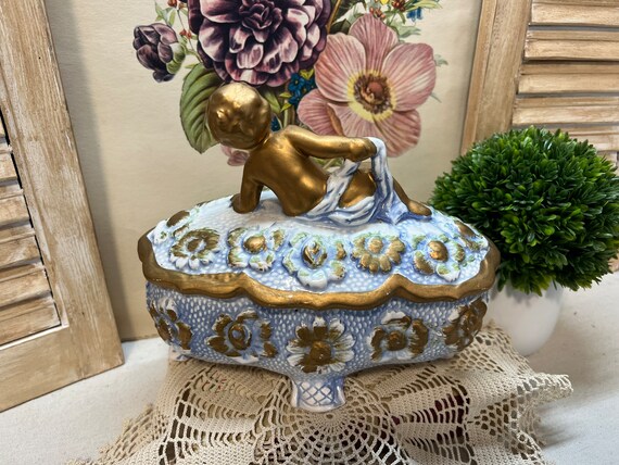 Cherub Floral Dresser Box Trinket Box - image 7