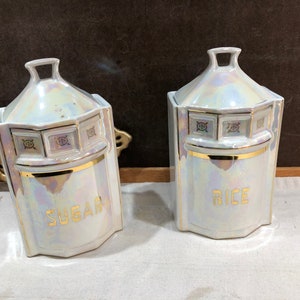 Lusterware Canisters Sugar or Rice White Gold