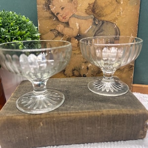 May include: Two clear glass dessert dishes with a ribbed design on the bowl and a decorative base. The dishes are sitting on a vintage book. A green plant and a brown bottle are in the background.