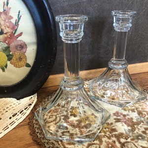 Clear Glass Candlestick Holder Pair