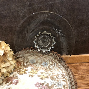 Etched Glass Dessert Plate Footed Wheat Stalk Design