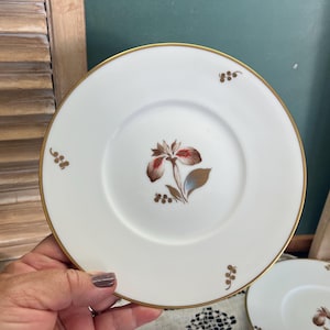 May include: A white porcelain saucer with a gold rim and a delicate floral design in shades of brown and red. The saucer has a small center well for a cup.