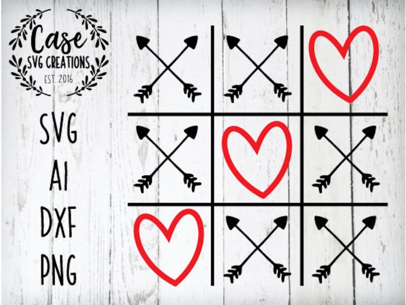 Valentine's Day Tic Tac Toe SVG Cutting File, Ai, Dxf and Printable PNG Files Instant Download Cricut and Silhouette Heart Arrows image 1