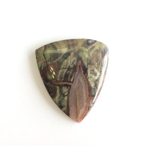 May include: A triangular shaped, green, brown, and white agate cabochon with a unique pattern.