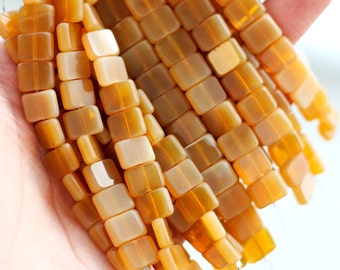 Flat Rectangle Czech Glass Beads / 8x10mm / Milky Yellow / 12pcs / BD048