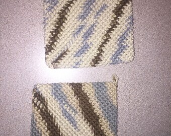 brown and blue double sided crochet pot holders / hot