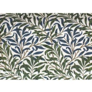May include: Rectangular serving tray with a botanical pattern. The tray features a white background with a repeating design of green and blue leaves and branches. It has two integrated handles for easy carrying.