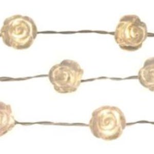 May include: String of small, cream-coloured rose-shaped lights on a thin, dark wire. The lights are evenly spaced and arranged in three parallel lines, creating a delicate aesthetic. Suitable for decorative lighting, indoors or out.