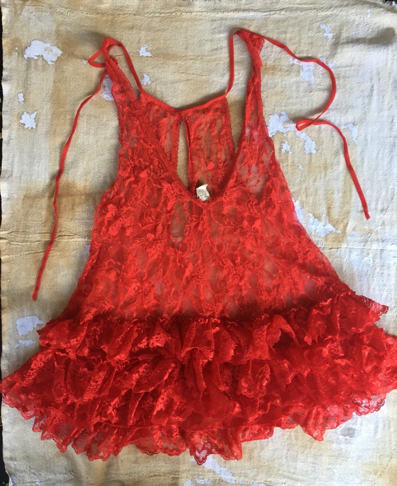 Vintage Red Lace Sheer Babydoll Ruffles
