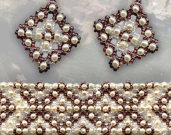 Beading Pattern seed beaded bracelet earrings pearls Beading Tutorial Beading Patterns detailed instructions beading stitch unique design