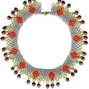 May include: A beaded necklace with a gold clasp and red, blue, and green beads. The necklace has a scalloped edge with brown beads.