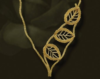 Beading pattern seed beaded Golden leaves necklace instructions beading peyote stitch russian leaves asymmetrical necklace seed beadwork diy
