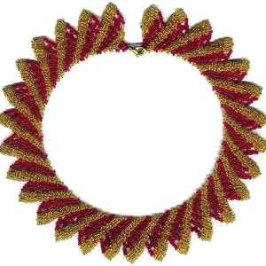 May include: A red and gold beaded necklace with a swirling pattern. The necklace is made of small, round beads that are strung together in a spiral design. The beads are arranged in a way that creates a sense of movement and flow.