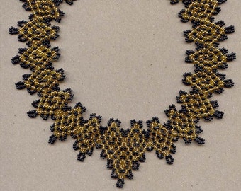 Pattern seed beaded Greek necklace detailed instructions beading netting stitch necklace black gold beads beading patterns tutorials design