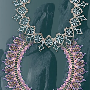 May include: Two beaded necklaces, one with white and light blue beads in a geometric pattern, and the other with pink and purple beads in a similar geometric pattern.