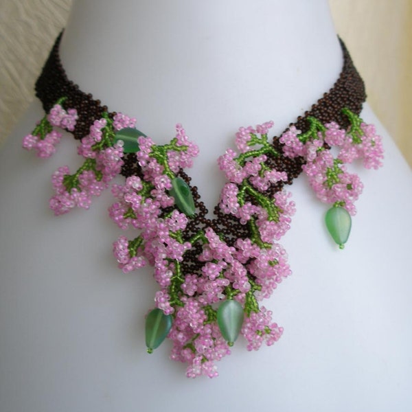 Pattern seed beaded Apple Blossom flower necklace instructions beading netting stitch flowers leaves necklace beaded jewelry tutorial flower