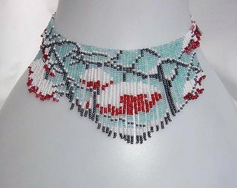 Pattern seed beaded Winter snow necklace instructions beading flat square stitch loom choker Tutorial bead beads beading necklace fringe