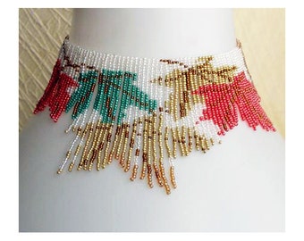 Pattern seed beaded Autumn leaves necklace instructions beading flat square stitch loom choker Tutorial bead beads beading necklace fringe