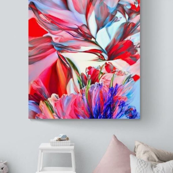 XXL Modern Contemporary Abstract Painting "Fragile Flowers" 120x90 Canvas Print - Unique Art Piece Colorful Red and Blue Interior