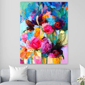 XXL 120x90 Modern Contemporary Abstract Painting "Summertime and Flowers" Canvas Print - Unique Art Piece Colorful Vivid Colors, Interior