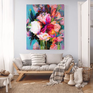 XXL Modern Contemporary Abstract Painting "Symmetric Flowers" 120x90 Canvas Print - Unique Art Piece Colorful Vivid Red and Blue Interior