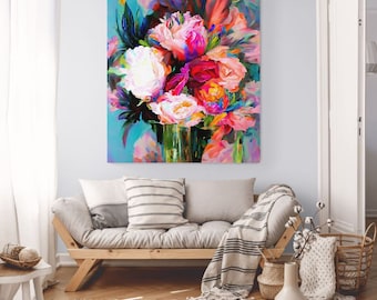 XXL Modern Contemporary Abstract Painting "Symmetric Flowers" 120x90 Canvas Print - Unique Art Piece Colorful Vivid Red and Blue Interior