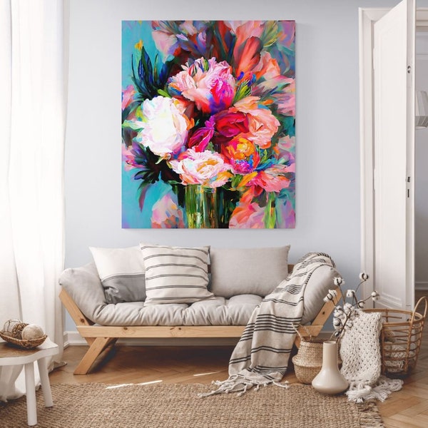 XXL Modern Contemporary Abstract Painting "Symmetric Flowers" 120x90 Canvas Print - Unique Art Piece Colorful Vivid Red and Blue Interior