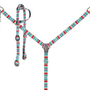 Nylon Teal Serape Southwest Print One Ear Kopfstück und Brustkragen Set.