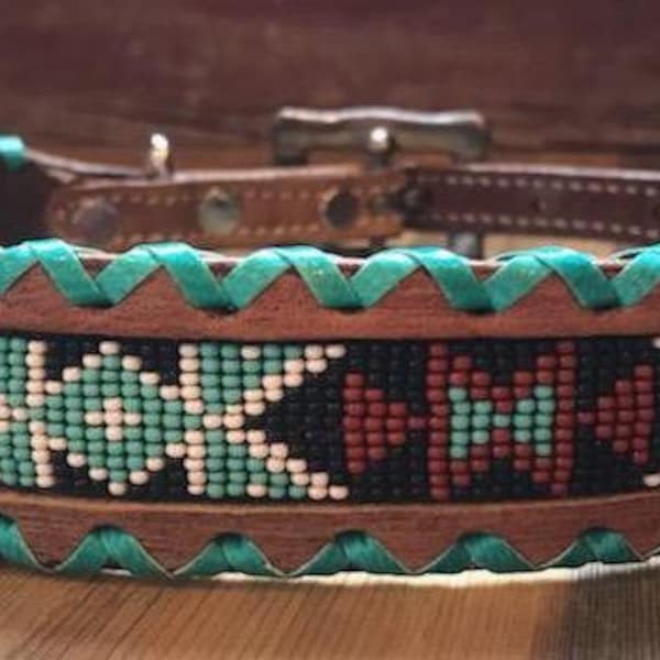 Leather dog collar with teal, white, and burgundy navajo beaded inlay design, a rawhide wrapped edge