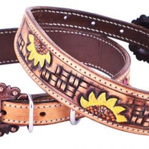 Hand Painted Sunflower leather dog collar with basket tooling