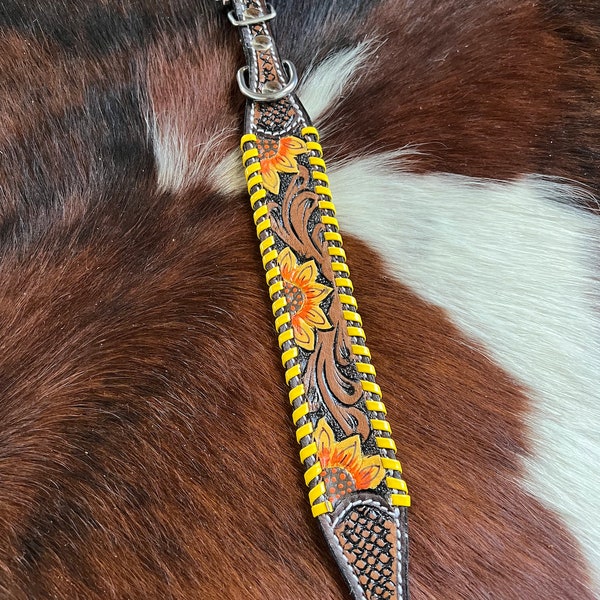 Leather Dog Collar Sunflower tooled leather dog collar with yellow laced trim