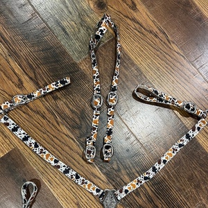 Nylon Cow Print One Ear Headstall and Breast Collar Set HORSE SIZE