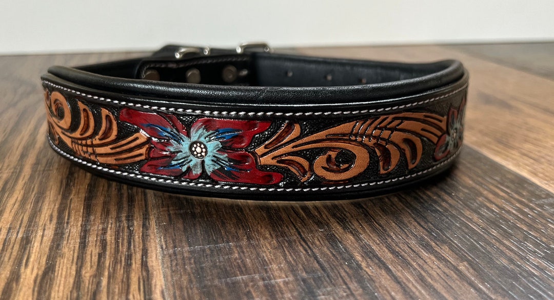 Handcrafted Padded Leather Tooled Dog Collar With Blue/red Flowers Etsy