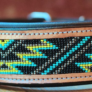 Handcrafted Padded Leather Tooled Dog Collar with Yellow, Blue Beading