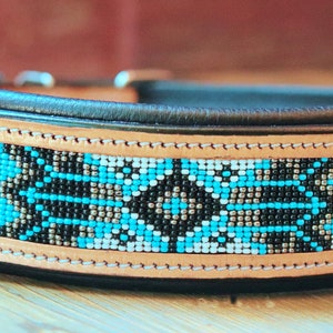 Handcrafted Padded Leather Tooled Dog Collar with Blue, White and Black Beading