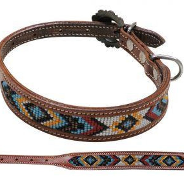 Leather Dog Collar With Red, Yellow, and blue Beaded design
