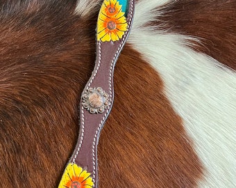 Hand Painted Sunflowers  leather dog collar with copper buckle.