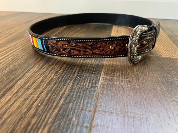 Handmade Leather Rainbow Beaded Tooled Belt - Etsy display picture 1