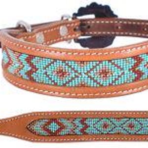 Leather Dog Collar with teal beaded design