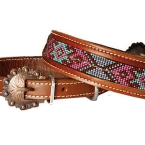 Leather Dog Collar Beaded Red,Pink & Mint
