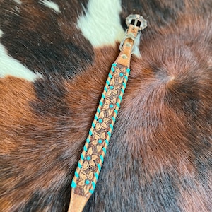 Genuine leather dog collar with Teal rawhide