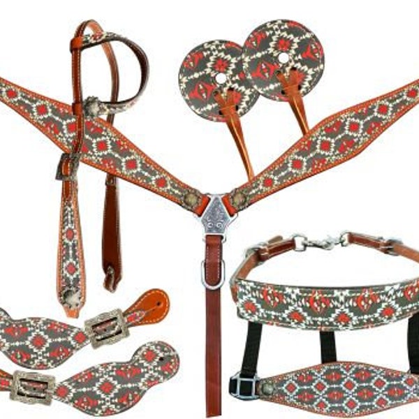 Southwest Navaho Print One Ear Headstall and Breast Collar 6- piece set.